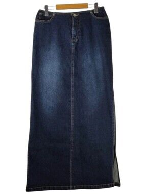 Contrast Dark Wash Denim Maxi Skirt Side Slits Size 11 Y2K Jean Skirt
